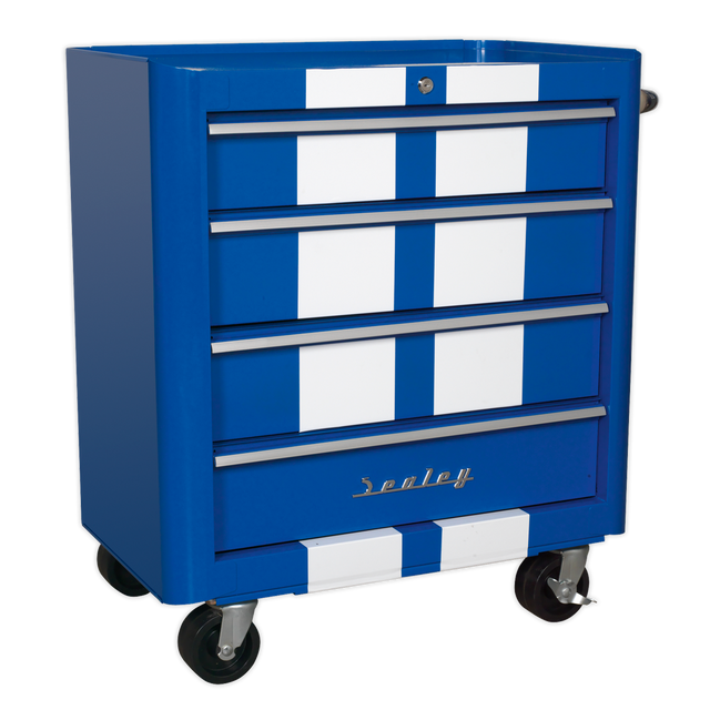 The Sealey Rollcab 4 Drawer Retro Style - Blue with White Stripes (AP28204BWS) features five ball-bearing slide drawers and heavy-duty castors for mobility.