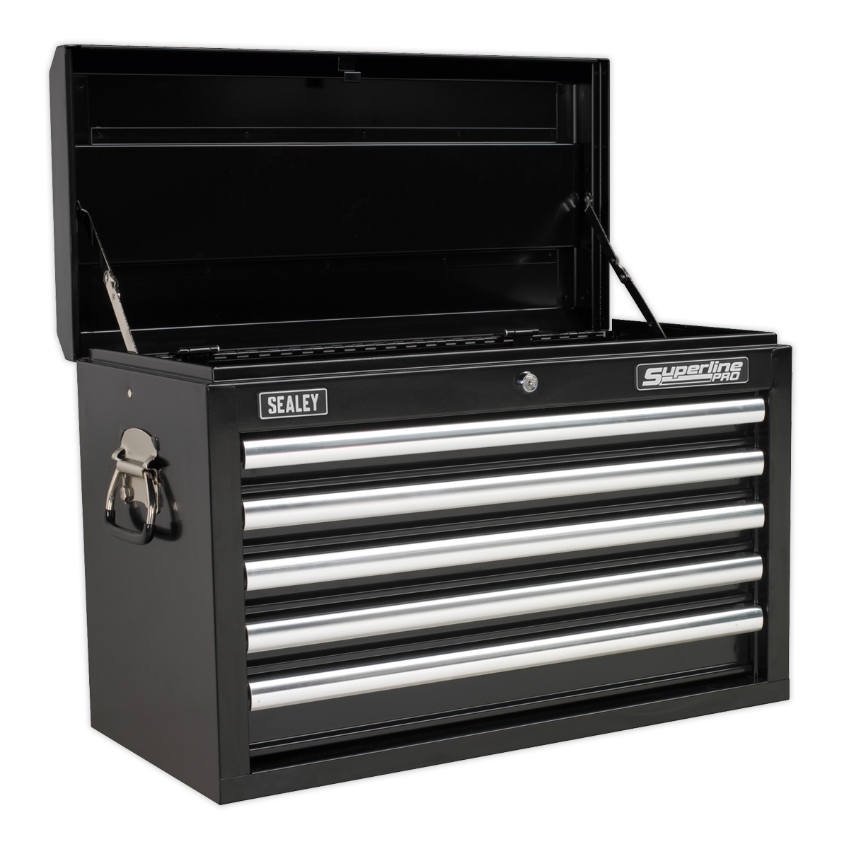 The Sealey Topchest 5 Drawer with Ball-Bearing Slides (Black - AP33059B) features an open top compartment, five horizontal drawers with silver handles, and a rust and solvent-resistant powder coat paint finish.