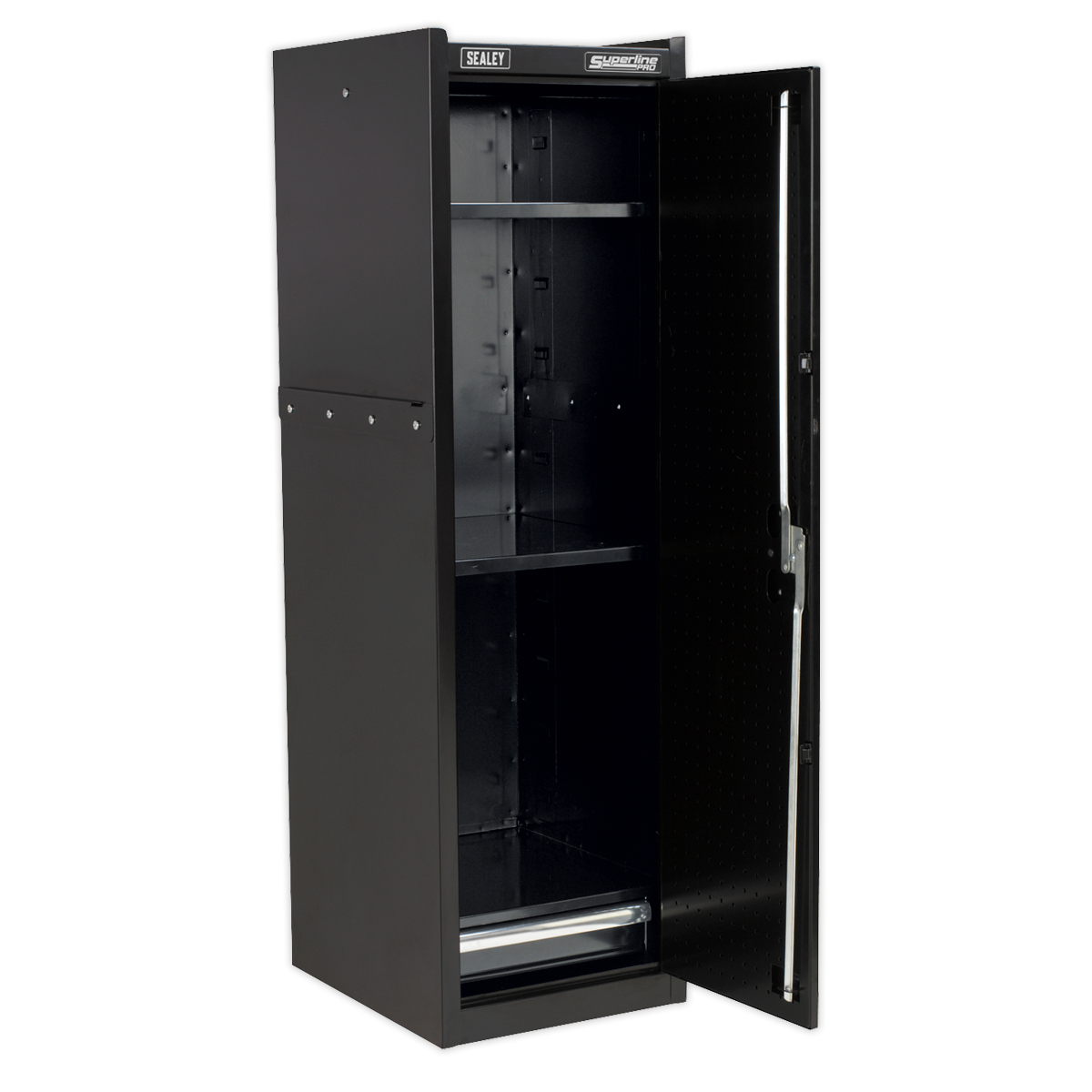 The Hang-On Locker - Black - AP33519B by Sealey is a tall, black metal storage cabinet with a partially open door that reveals two adjustable shelves and a vertical handle on the right side, showcasing its durable steel construction.