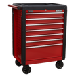 Introducing the Rollcab 7 Drawer with Ball-Bearing Slides (AP3407) from Sealey. This red tool chest features black trim, four black caster wheels, and a handle on one side. It is equipped with heavy-duty ball-bearing slides for easy drawer access and proudly displays the Sealey brand label on the top edge.