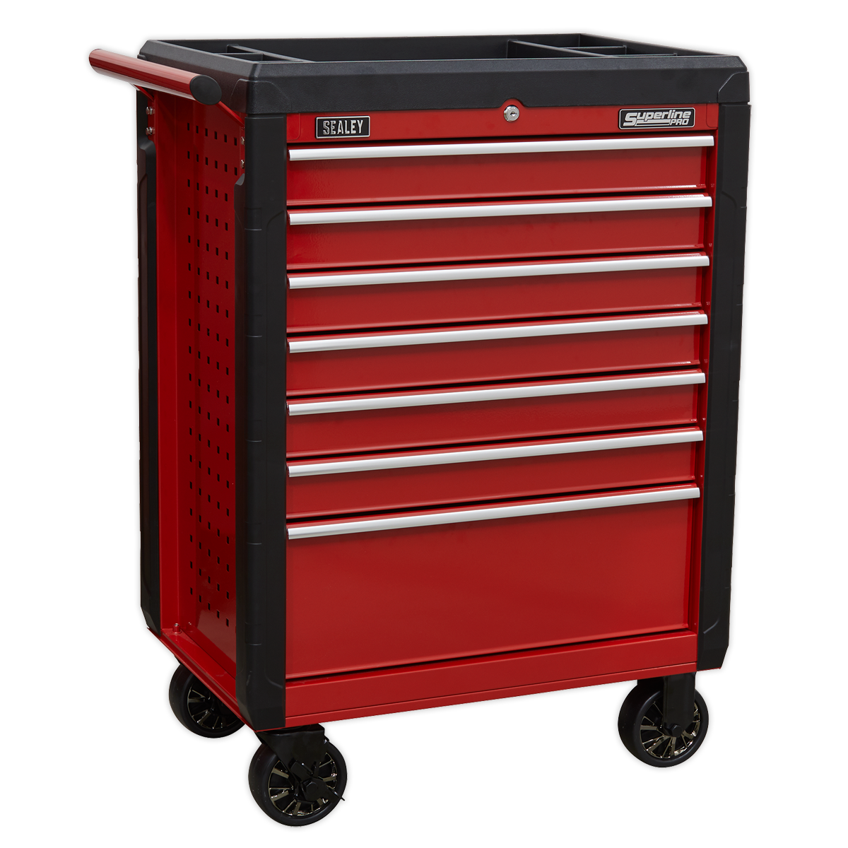 Introducing the Rollcab 7 Drawer with Ball-Bearing Slides (AP3407) from Sealey. This red tool chest features black trim, four black caster wheels, and a handle on one side. It is equipped with heavy-duty ball-bearing slides for easy drawer access and proudly displays the Sealey brand label on the top edge.