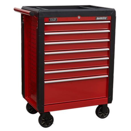 Introducing the Rollcab 7 Drawer with Ball-Bearing Slides (AP3407) from Sealey. This red tool chest features black trim, four black caster wheels, and a handle on one side. It is equipped with heavy-duty ball-bearing slides for easy drawer access and proudly displays the Sealey brand label on the top edge.