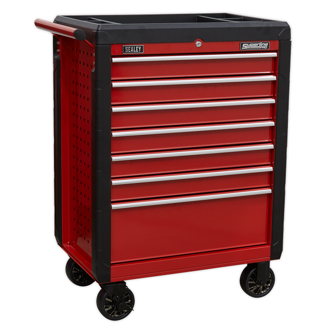 Introducing the Rollcab 7 Drawer with Ball-Bearing Slides (AP3407) from Sealey. This red tool chest features black trim, four black caster wheels, and a handle on one side. It is equipped with heavy-duty ball-bearing slides for easy drawer access and proudly displays the Sealey brand label on the top edge.
