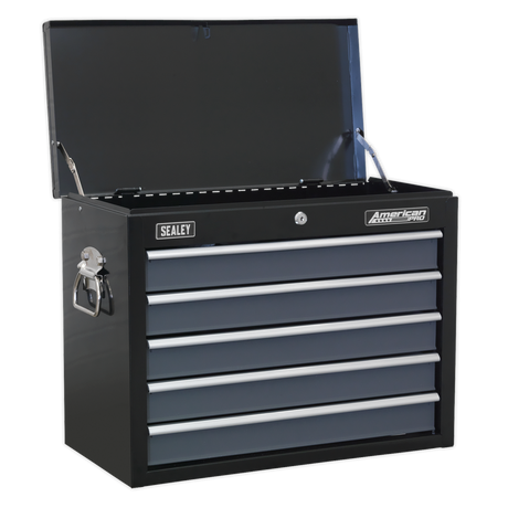 The Sealey Topchest 5 Drawer with Ball-Bearing Slides - Black/Grey - AP3505TB features five lockable gray drawers and an open top compartment, with Siegen tool trays for organized storage.