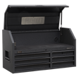 The Sealey Topchest 6 Drawer 1030mm with Soft Close Drawers & Power Strip - AP4106BE has an open lid that reveals a spacious upper compartment featuring the Sealey logo, along with six closed drawers underneath. Constructed from heavy-duty steel, it includes ball-bearing drawer slides and side handles for portability.