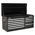 The Sealey Topchest 14 Drawer with Ball-Bearing Slides Heavy-Duty in Black (AP41149B) features multiple drawers, an open top, side handles marked "Superline Pro," steel construction, heavy-duty ball-bearing drawer slides for smooth operation, and a secure locking mechanism.