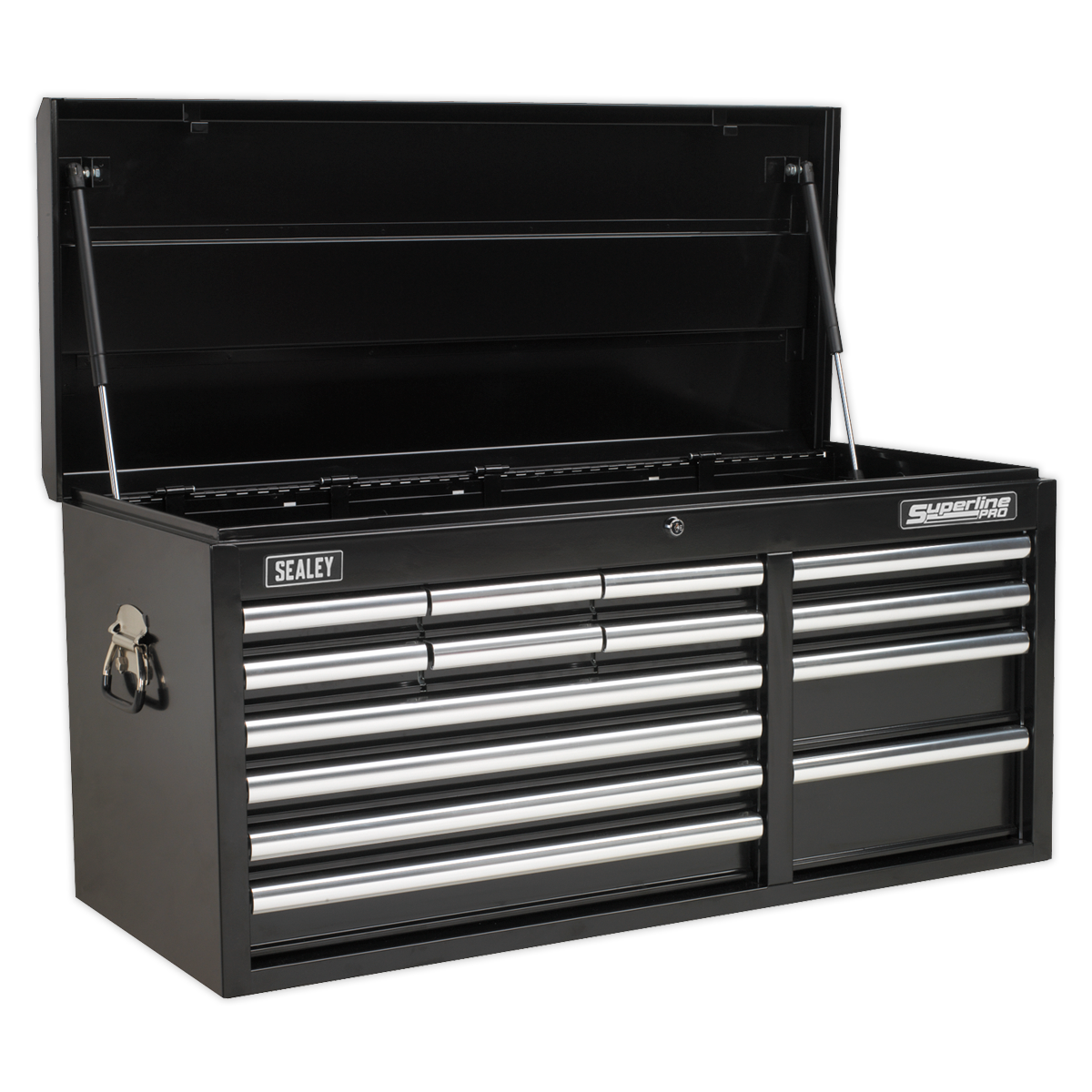 The Sealey Topchest 14 Drawer with Ball-Bearing Slides Heavy-Duty in Black (AP41149B) features multiple drawers, an open top, side handles marked "Superline Pro," steel construction, heavy-duty ball-bearing drawer slides for smooth operation, and a secure locking mechanism.