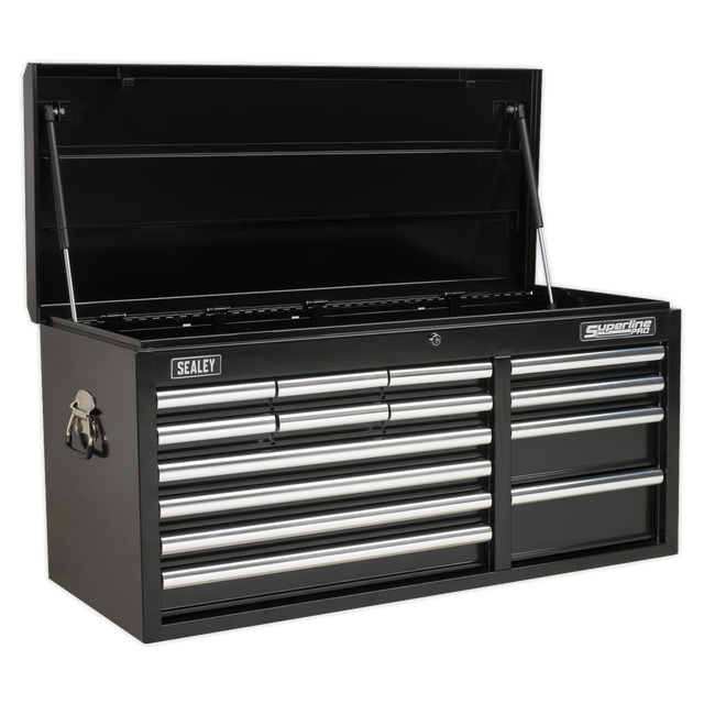 The Sealey Topchest 14 Drawer with Ball-Bearing Slides Heavy-Duty in Black (AP41149B) features multiple drawers, an open top, side handles marked "Superline Pro," steel construction, heavy-duty ball-bearing drawer slides for smooth operation, and a secure locking mechanism.