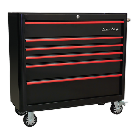 Rollcab 6 Drawer Wide Retro Style - Black with Red Anodised Drawer Pulls - AP41206BR - Farming Parts