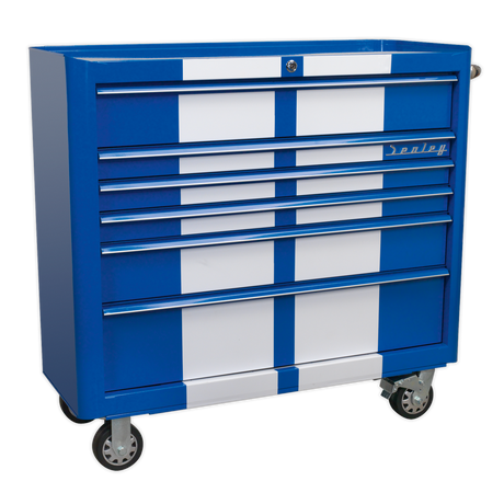 Rollcab 6 Drawer Wide Retro Style - Blue with White Stripes - AP41206BWS - Farming Parts