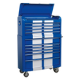 Introducing the Retro Style Extra-Wide Topchest & Rollcab Combination 10 Drawer by Sealey, model AP41COMBOBWS. This blue metal tool chest with white vertical stripes boasts multiple drawers equipped with ball-bearing slides. Mounted on heavy-duty castors, it features an open lid revealing a spacious storage compartment for all your organization needs.