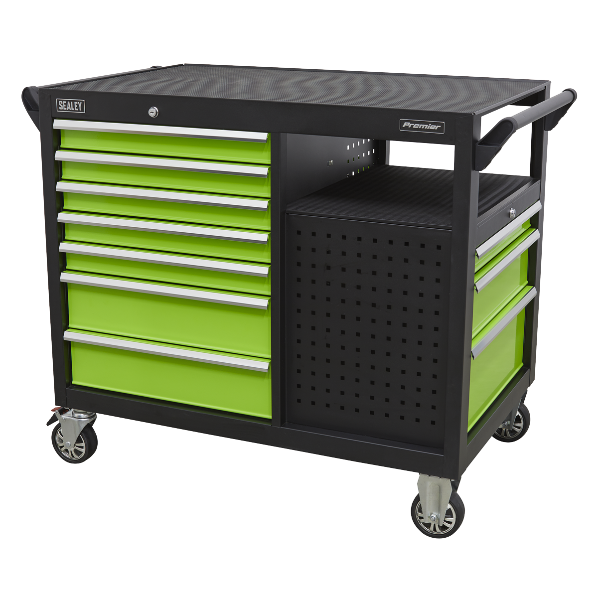 The Sealey Mobile Workstation 10 Drawer 1140mm - AP45MWS is a heavy-duty black and lime green rolling tool cabinet featuring 10 drawers with ball-bearing slides and a side pegboard. It is equipped with wheels for easy mobility and has a sturdy work surface on top.