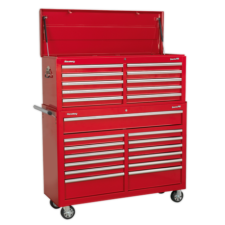 The Sealey Tool Chest Combination 23 Drawer with Ball-Bearing Slides - Red (AP52COMBO1) features a durable rust and solvent resistant powder coat paint, heavy-duty ball-bearing drawer slides, handles on the sides, wheels for mobility, multiple drawers, and a top compartment.