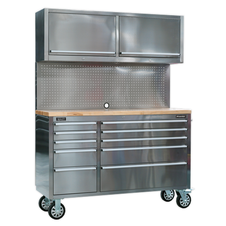 Mobile Stainless Steel Tool Cabinet 10 Drawer with Backboard & 2 Wall Cupboards - AP5520SS - Farming Parts