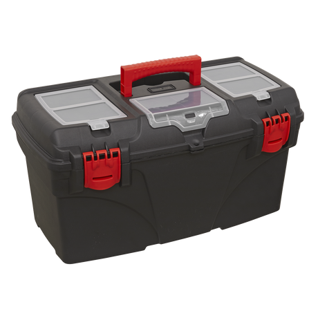 The Sealey Toolbox with Tote Tray 560mm - AP560 is a black plastic toolbox that comes equipped with a red handle and latches, as well as multiple compartments with clear lids on the top, making it an efficient organiser.