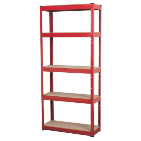Introducing the Sealey AP6150 Racking Unit, featuring a robust red and black steel frame and five adjustable wooden shelves, each with an impressive 150kg capacity to meet all your storage needs.