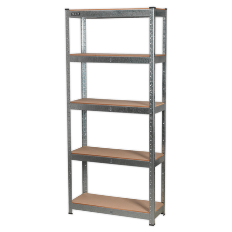 The Sealey Racking Unit 5 Shelf 150kg Capacity Per Level - AP6150GS is a tall, five-tier shelving unit featuring brown wooden shelves and a galvanized steel frame, perfect for storage or organization.