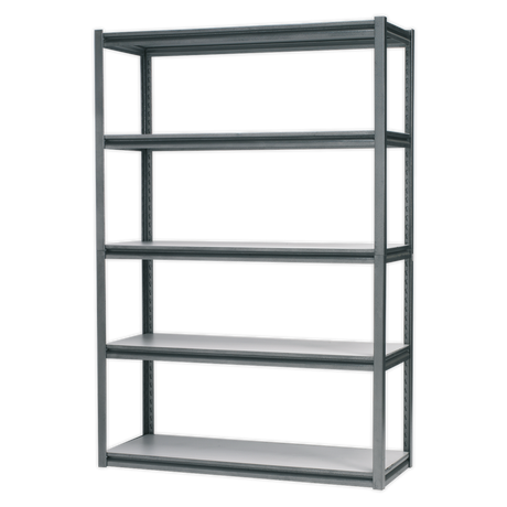 The Sealey Racking Unit with 5 Shelves 600kg Capacity Per Level - AP6548 stands empty against a plain background, showcasing its heavy-duty steel frame and sleek black framing. The boltless design allows for easy assembly, while the adjustable shelving provides flexibility.