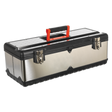 Introducing the Sealey Stainless Steel Toolbox 660mm with Tote Tray - AP660S, a heavy-duty toolbox in silver and black that features a soft grip carry handle and dual metal latches.