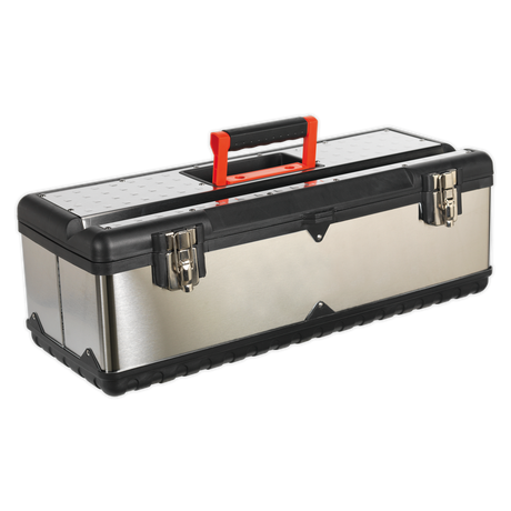 Introducing the Sealey Stainless Steel Toolbox 660mm with Tote Tray - AP660S, a heavy-duty toolbox in silver and black that features a soft grip carry handle and dual metal latches.