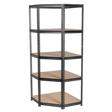 The Sealey AP7150C Corner Racking Unit features a black metal frame and five wooden shelves, boasting a sturdy steel construction and a convenient boltless design with a 150kg capacity per level.