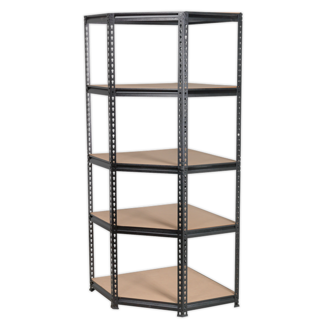 The Sealey AP7150C Corner Racking Unit features a black metal frame and five wooden shelves, boasting a sturdy steel construction and a convenient boltless design with a 150kg capacity per level.