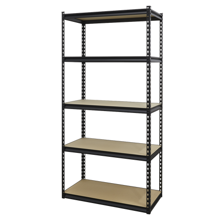 The Sealey Racking Unit with 5 Shelves (AP900R) is a freestanding black metal shelving unit featuring a boltless design. It includes five beige shelves, supported by a sturdy steel frame rack, and is capable of holding up to 340kg per level.