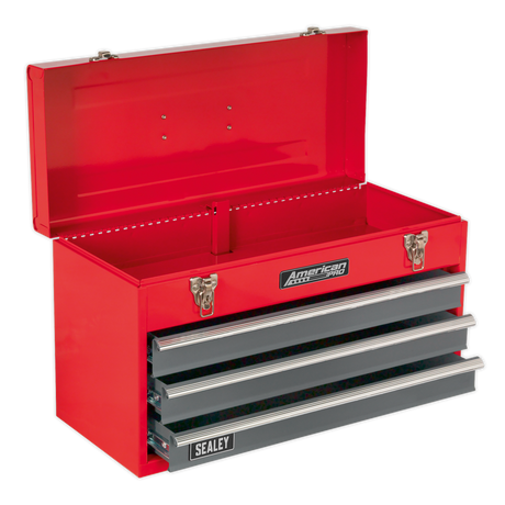 Presenting the Sealey Tool Chest 3 Drawer Portable with Ball-Bearing Slides - Red/Grey - AP9243BB, featuring an open lid and proudly displaying the Sealey logo on the front, this tool chest boasts an impressive storage capacity.