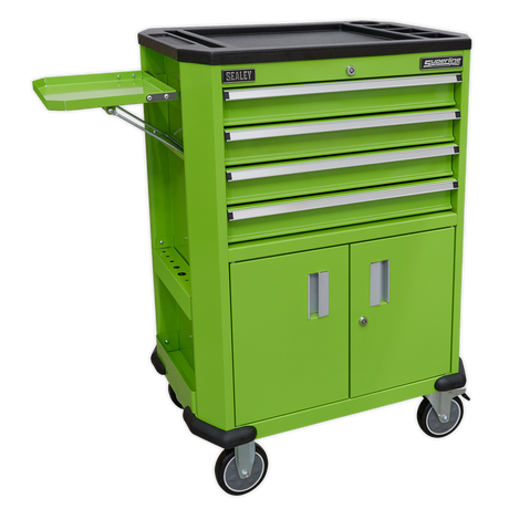 The Sealey Tool Trolley with 4 Drawers & 2 Door Cupboard - AP980MTHV, featuring a side shelf and two lower cabinet doors, serves as the perfect tool storage solution for your workshop trolley.