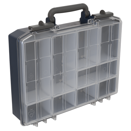 The Sealey Professional Large Compartment Case - APAS10RC features a transparent lid, multiple compartments including removable ones, and a gray handle for easy carrying.