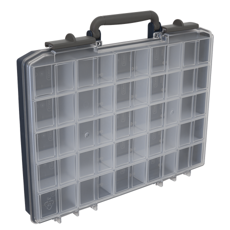 The Sealey Professional Medium Compartment Case - APAS25R is a transparent, rectangular plastic organizer case with a handle, featuring multiple removable compartments arranged in a grid. This lightweight assortment case offers versatile storage solutions for any need.