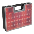 The Sealey Parts Storage Case with 8 Removable Compartments - APAS3R is a robust red and black plastic organizer featuring a handle and a grid of small compartments on the front.