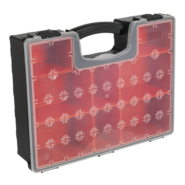 The Sealey Parts Storage Case with 8 Removable Compartments - APAS3R is a robust red and black plastic organizer featuring a handle and a grid of small compartments on the front.