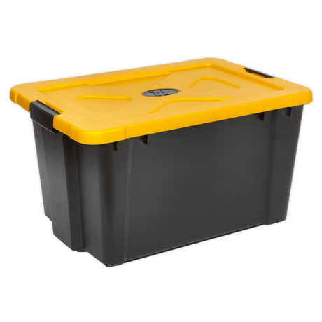The Sealey Composite Stackable Storage Box with Lid 54L - APB54 is a black plastic container featuring robust construction, a yellow lid, and built-in snap-lock handles on each side.