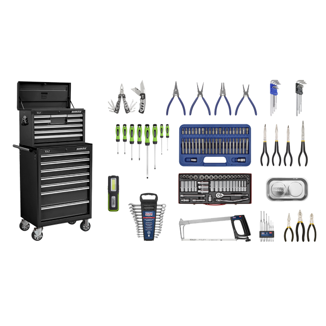 The Sealey Topchest & Rollcab Combination 15 Drawer with Ball-Bearing Slides - Black & 148pc Tool Kit (APCOMBOBBTK58) showcases various types of tools arranged around it, including screwdrivers, pliers, a wrench set, a saw, and a digital tool.
