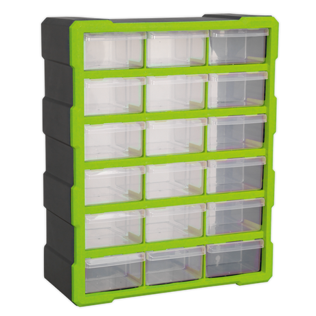 The Sealey Cabinet Box 18 Drawer - Green/Black (APDC18HV) is a versatile plastic storage organizer featuring 18 clear, impact-resistant composite drawers arranged in four rows, making it perfect for storing a range of small to large fixings. It is ideal for wall mounting.