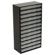 The Sealey Cabinet Box 48 Drawer - APDC48 features a black heavy-duty steel frame with 39 small transparent polypropylene drawers arranged in a 3-column, 13-row layout.