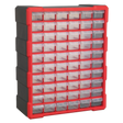 The Sealey Cabinet Box 60 Drawer - Red/Black (APDC60R) features 56 clear, impact-resistant composite drawers within a red frame, making it ideal for wall mounting and storing fixings and components.