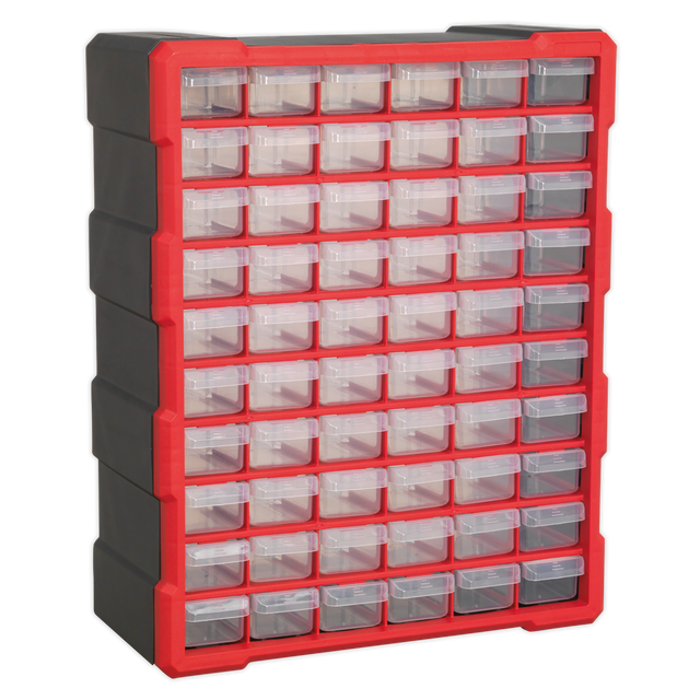 The Sealey Cabinet Box 60 Drawer - Red/Black (APDC60R) features 56 clear, impact-resistant composite drawers within a red frame, making it ideal for wall mounting and storing fixings and components.