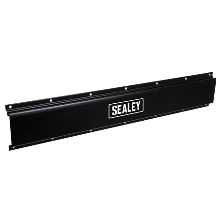 The Sealey Storage Rail Wall Mountable - APH01 is a black metal tool storage front panel featuring multiple mounting holes, the Sealey logo in white at the center, and a convenient storage base rail for added functionality.