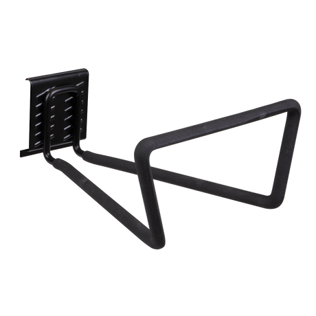 The Sealey Storage Hook Large Loop - APH05, with a black powder-coated finish, features a triangular hook for securely holding your bicycle on the wall.