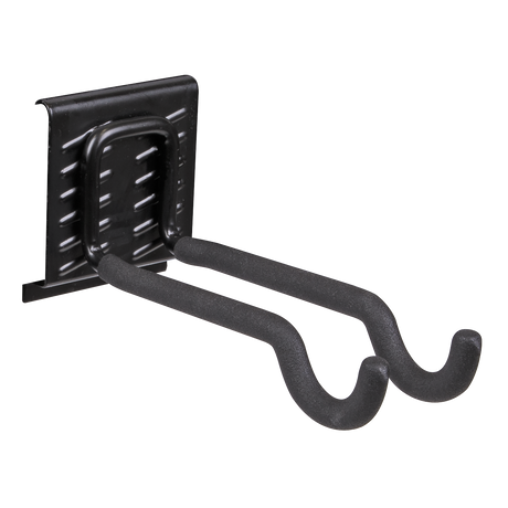 The Sealey Storage Hook Sports Equipment - APH06 is a black dual hook wall mount with a rectangular base and two curved arms, ideal for hanging items. This powder-coated storage hook offers durability and an elegant finish, making it perfect for organizing various tools.