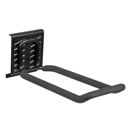 The Sealey Storage Hook Closed End - APH07 is a black, PVC-wrapped, wall-mounted storage solution designed for organizing items such as bicycles or tools, featuring a rubberized coating for enhanced grip and protection.