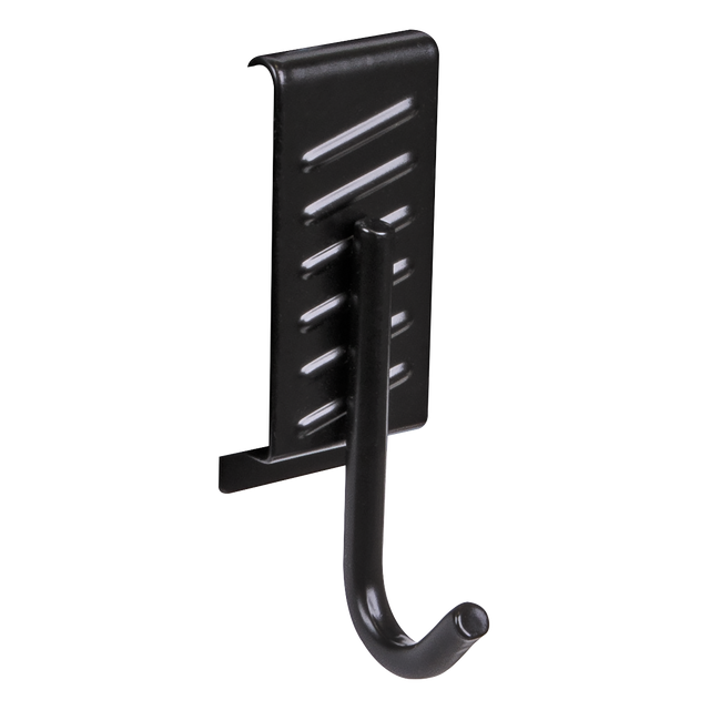 The Sealey Storage Hook Single J Prong (APH10) is a black metal hook with a rectangular base and grooves, perfect for hanging items. This wall-mountable steel storage hook is PVC wrapped for enhanced durability.