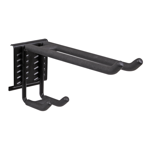 The Sealey Storage Hook Dual Utility - APH12 is a black, powder-coated, wall-mounted steel hook designed to hold items like bicycles or tools, featuring a perforated mounting plate for screws.