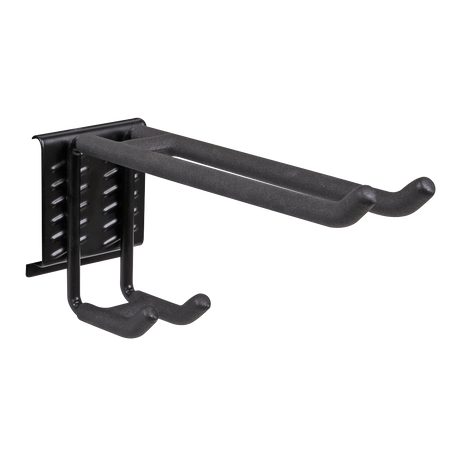 The Sealey Storage Hook Dual Utility - APH12 is a black, powder-coated, wall-mounted steel hook designed to hold items like bicycles or tools, featuring a perforated mounting plate for screws.