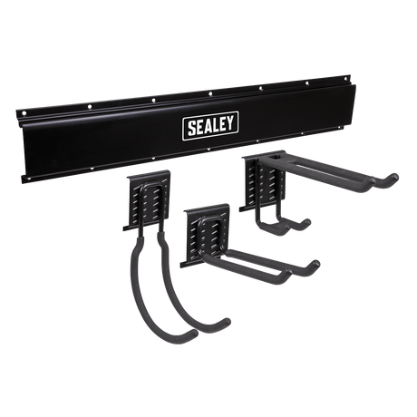 A black Sealey Multipurpose Storage Hook Kit (4pc - APHKIT1) featuring three versatile hooks for organizing tools or equipment.