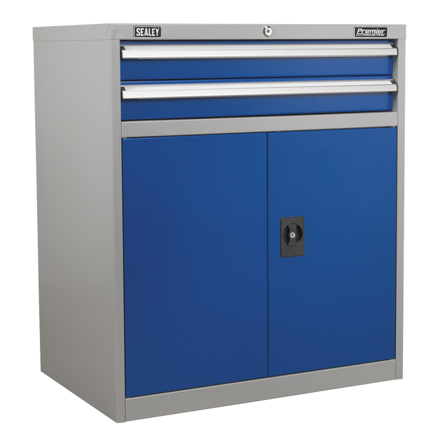 A blue and grey Sealey Industrial Cabinet 2 Drawer & 1 Shelf Double Locker (API8810) with a lockable handle on the doors, featuring heavy-duty drawer slides for durability and a small lock on the top drawer for personalized storage layout.