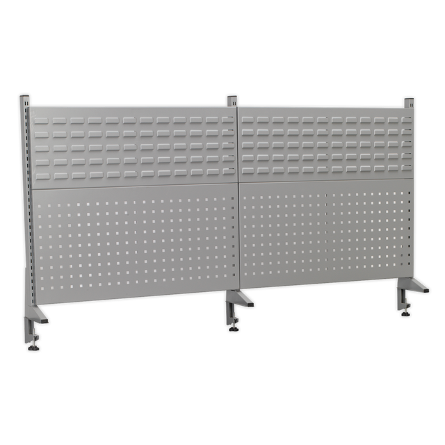 The Sealey Back Panel Assembly for API1800 (Model APIBP1800) features a perforated design mounted on a black frame with wheels, making it ideal for any industrial workbench setup.