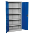 The Sealey Industrial Cabinet 4 Shelf 1800mm - APICCOMBOF4 features a freestanding design with a blue, reinforced steel door and four adjustable gray shelves, standing open to reveal the interior.